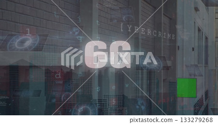 Floating centered 6G text overlaying urban building facade, with holographic cybercrime data charts Floating centered 6G text overlaying urban building facade, with holographic cybercrime data charts 133279268