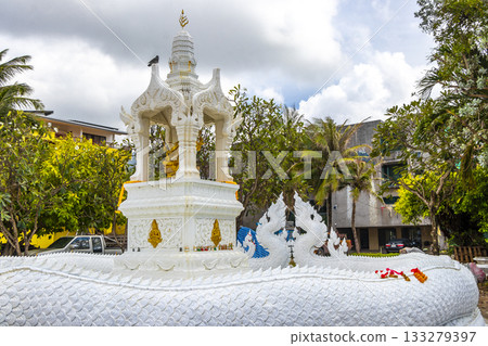 White and golden Thai temple Naga dragons in Patong Thailand. 133279397