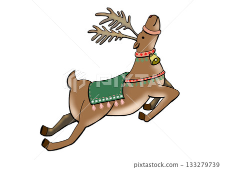 馴鹿在天空中飛翔的彩色插圖 133279739
