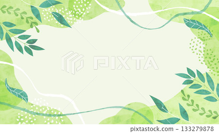 Fresh green background frame with a gentle breeze Natural watercolor illustration of plants and leaves 133279878