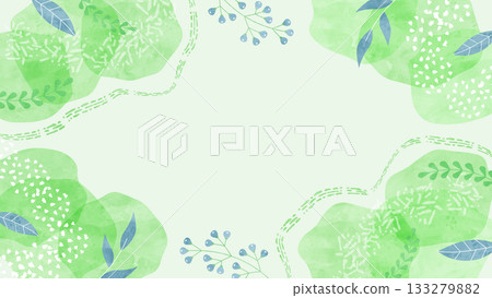 Fresh green background frame with a gentle breeze Natural watercolor illustration of plants and leaves 133279882