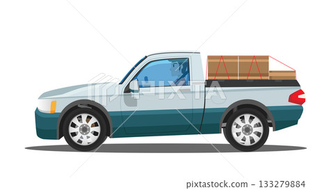 Cartoon of pickup car carrying boxes. Inside with driving man. With shadow on isolated white background. 133279884