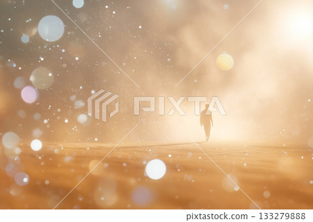 Fantasy concept of a silhouette walking through the desert bathed in light Fantasy concept of a silhouette walking through the desert bathed in light 133279888