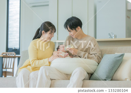 A family relaxing in the living room 133280104