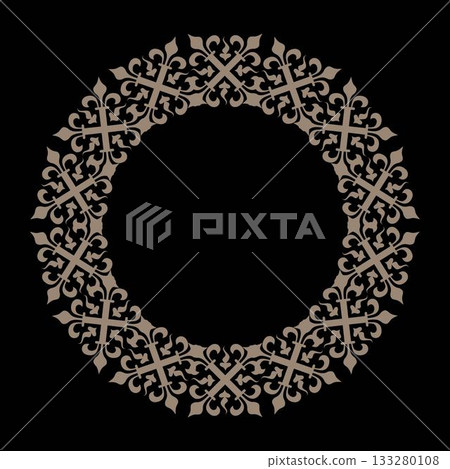 Striking circular frame in a gold against a black background. The design features repeating ornate crosses and fleur-de-lis elements, creating a classic and elegant motif Striking circular frame in a gold against a black background. The design features repeating ornate crosses and fleur-de-lis elements, creating a classic and elegant motif 133280108