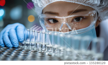 Asian female scientist wearing protective mask, goggles, and gloves examines glass vials in laboratory, focused and precise work 133280120