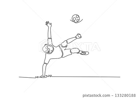 Single one line drawing young man soccer freestyle athlete executing a bicycle kick or overhead trick with a ball. Dynamic skill and acrobatics. Continuous line draw design graphic vector illustration 133280188