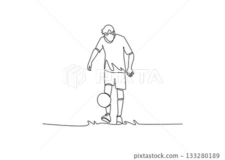 Single one line drawing skilled active male soccer freestyle athlete bouncing ball off his foot with focused control. Dynamic balance of sport. Continuous line draw design graphic vector illustration 133280189