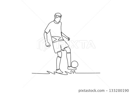Single one line drawing young man soccer freestyle athlete expertly controlling ball with his foot in focused stance. Fluid skill of the sport. Continuous line draw design graphic vector illustration Single one line drawing young man soccer freestyle athlete expertly controlling ball with his foot in focused stance. Fluid skill of the sport. Continuous line draw design graphic vector illustration 133280190