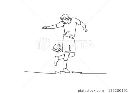 Single one line drawing young man soccer freestyle athlete bouncing ball off his foot with focused balance. Skill and dynamic control of sport. Continuous line draw design graphic vector illustration 133280191