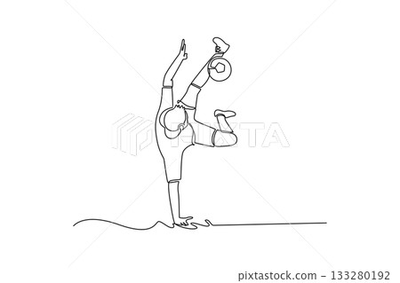 Continuous one line drawing man soccer freestyle athlete performing challenging one-handed handstand, balancing ball on his foot. Acrobatics pose. Single line draw design vector graphic illustration Continuous one line drawing man soccer freestyle athlete performing challenging one-handed handstand, balancing ball on his foot. Acrobatics pose. Single line draw design vector graphic illustration 133280192