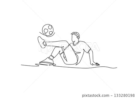 Continuous one line drawing young man soccer freestyle athlete seated on the ground, expertly juggling ball between his feet and knees. Fluid skill. Single line draw design vector graphic illustration Continuous one line drawing young man soccer freestyle athlete seated on the ground, expertly juggling ball between his feet and knees. Fluid skill. Single line draw design vector graphic illustration 133280198