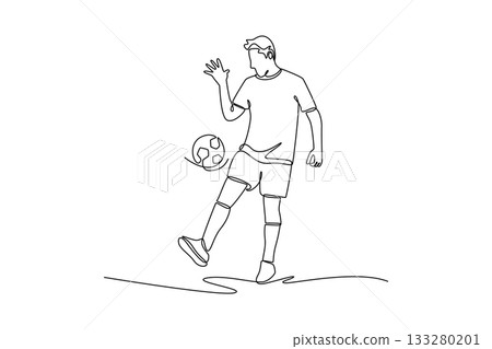 Single continuous line drawing man soccer freestyle athlete expertly juggling ball off his foot with focused balance. Fluid skill and dynamic control. One line draw graphic design vector illustration Single continuous line drawing man soccer freestyle athlete expertly juggling ball off his foot with focused balance. Fluid skill and dynamic control. One line draw graphic design vector illustration 133280201