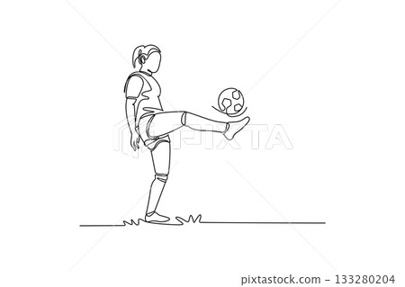Single continuous line drawing woman soccer freestyle athlete expertly juggling ball off her raised foot. Fluid skill and dynamic control of the sport. One line draw graphic design vector illustration Single continuous line drawing woman soccer freestyle athlete expertly juggling ball off her raised foot. Fluid skill and dynamic control of the sport. One line draw graphic design vector illustration 133280204