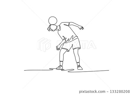Single continuous line drawing woman soccer freestyle athlete expertly balancing ball on her forehead while leaning forward. Precise control and focus. One line draw graphic design vector illustration Single continuous line drawing woman soccer freestyle athlete expertly balancing ball on her forehead while leaning forward. Precise control and focus. One line draw graphic design vector illustration 133280208