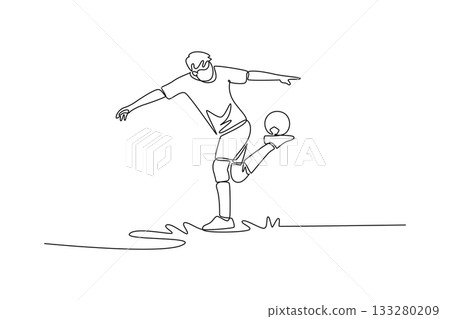 Single one line drawing young man soccer freestyle athlete balancing ball on his heel with arms wide. Fluid skill and dynamic control of sport. Continuous line draw design graphic vector illustration Single one line drawing young man soccer freestyle athlete balancing ball on his heel with arms wide. Fluid skill and dynamic control of sport. Continuous line draw design graphic vector illustration 133280209