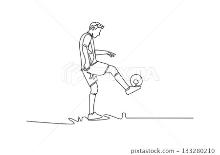 Single one line drawing young man soccer freestyle athlete is expertly juggling ball off his foot, illustrating fluid skill and dynamic control. Continuous line draw design graphic vector illustration Single one line drawing young man soccer freestyle athlete is expertly juggling ball off his foot, illustrating fluid skill and dynamic control. Continuous line draw design graphic vector illustration 133280210
