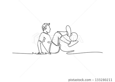 Single one line drawing young man soccer freestyle athlete seated on the ground, expertly juggling ball between his feet and knees. Fluid skill. Continuous line draw design graphic vector illustration Single one line drawing young man soccer freestyle athlete seated on the ground, expertly juggling ball between his feet and knees. Fluid skill. Continuous line draw design graphic vector illustration 133280211