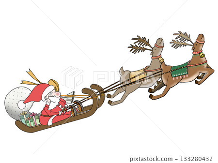 Color illustration of Santa riding in a sleigh with two reindeer Color illustration of Santa riding in a sleigh with two reindeer 133280432