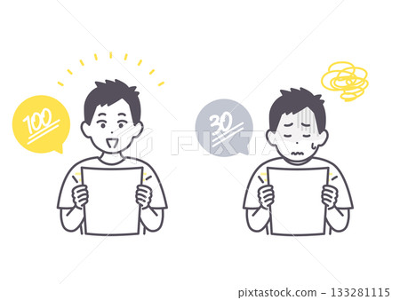 一個男孩看到考試成績後很高興，一個男孩則很失望 133281115