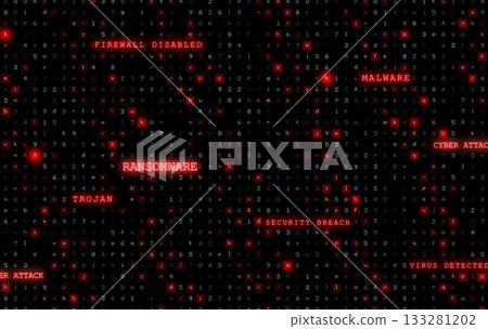 Flat design is showcasing simulated terminal code matrix with red glowing ransomware trojan alerts Flat design is showcasing simulated terminal code matrix with red glowing ransomware trojan alerts 133281202