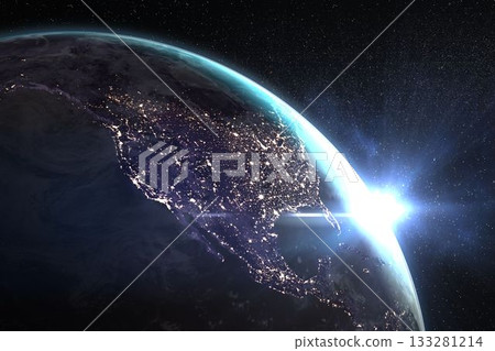 Digitally generated image of rising sun behind planet 133281214