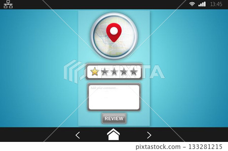 Flat design review UI is displaying on teal gradient background, with map pin, stars, review button 133281215