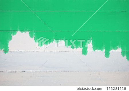 Section of wooden planks is showing in flat design with green paint drips and white paint Section of wooden planks is showing in flat design with green paint drips and white paint 133281216