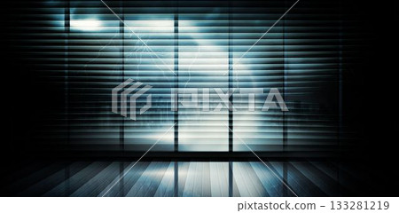 flat design showing horizontal blinds casting pale lightning streaks reflecting hardwood floor 133281219