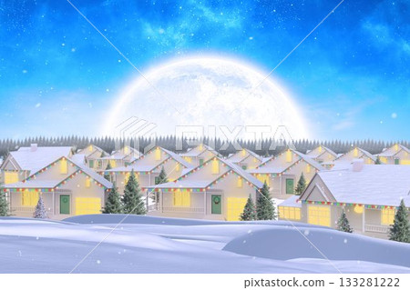 Snow-covered houses are glowing under full moon in flat design, with holiday lights and wreaths 133281222