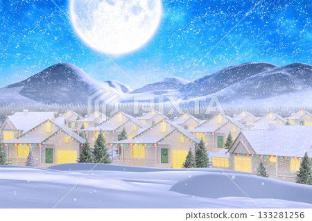 Flat design winter village scene is unfolding with cottages, string lights, pine trees, snowflakes Flat design winter village scene is unfolding with cottages, string lights, pine trees, snowflakes 133281256