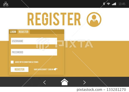 Displaying flat mobile registration UI showing status icons, login or register tabs, form fields 133281270