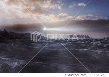 Stormy sea with lighthouse 133281285