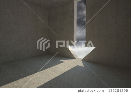 Flat design is showing concrete room with arrow-shaped cutout casting shadow and cloudy sky view Flat design is showing concrete room with arrow-shaped cutout casting shadow and cloudy sky view 133281296