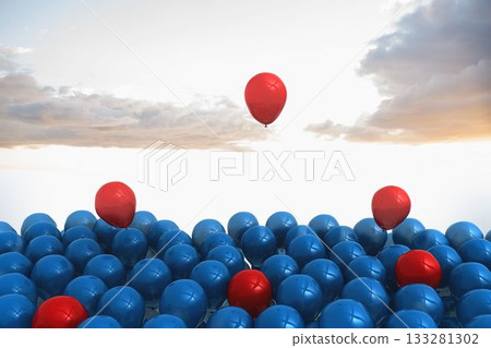 Single red balloon is floating above glossy blue balloon cluster in flat design, cloud-dappled sky 133281302