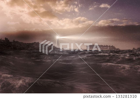 Stormy sea with lighthouse 133281310