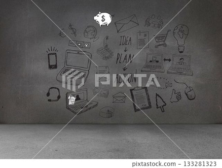 Black white graphics on dark wall 133281323