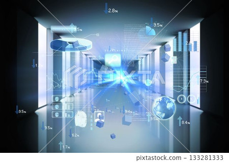 Floating holographic charts combining cubes, globe and search icon in futuristic corridor 3D render Floating holographic charts combining cubes, globe and search icon in futuristic corridor 3D render 133281333