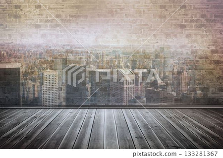 Minimalist loft is featuring flat design with dark hardwood floor and skyline mural on brick wall Minimalist loft is featuring flat design with dark hardwood floor and skyline mural on brick wall 133281367