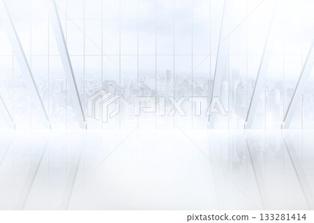 White room with large window overlooking city 133281414