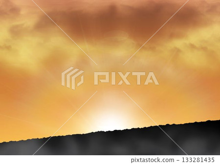 Glowing sun rising behind jagged ridge in flat design, casting layered clouds and light rays 133281435