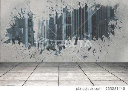 flat design splatter mural is revealing urban street scene on concrete wall over grey tiled floor flat design splatter mural is revealing urban street scene on concrete wall over grey tiled floor 133281440