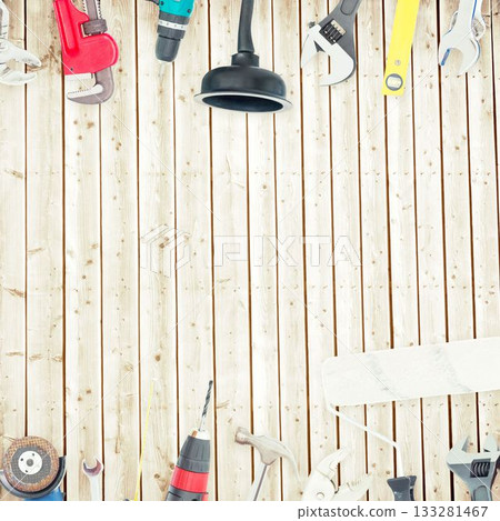 Tools on wooden background Tools on wooden background 133281467