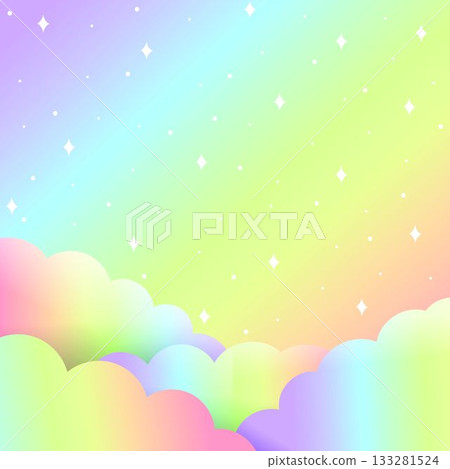 Flat pastel clouds drifting across gradient rainbow sky with floating white stars, copy space Flat pastel clouds drifting across gradient rainbow sky with floating white stars, copy space 133281524