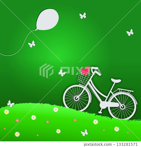 White bicycle silhouette is resting on daisy-covered hill in flat design, with red heart in basket White bicycle silhouette is resting on daisy-covered hill in flat design, with red heart in basket 133281571