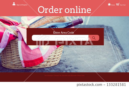 Wicker picnic basket with bread and wine bottle is showing on interface with search bar overlay Wicker picnic basket with bread and wine bottle is showing on interface with search bar overlay 133281581