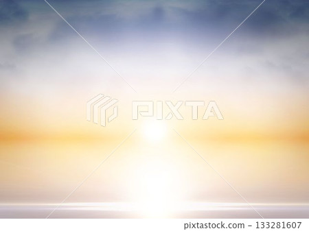 Vector art is showing bright sun rising at horizon over calm water reflecting sky copy space Vector art is showing bright sun rising at horizon over calm water reflecting sky copy space 133281607