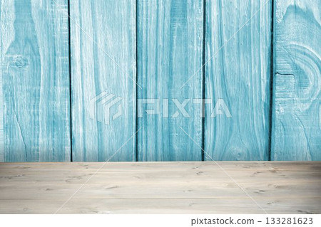 Flat design is showing weathered blue wooden plank wall and light-gray tabletop surface 133281623