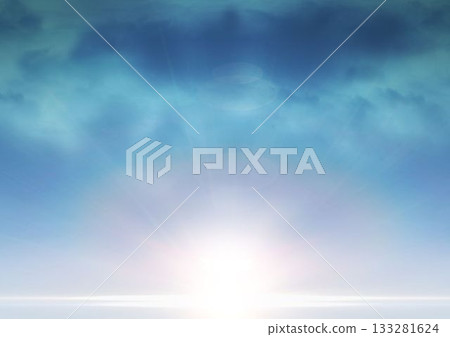 Sun is rising over calm horizon in flat design with lens flare, wispy clouds, reflective water Sun is rising over calm horizon in flat design with lens flare, wispy clouds, reflective water 133281624