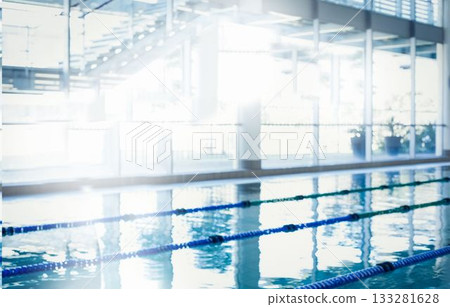 Flat design scene showing swimming pool lanes with blue green floating dividers and glass windows 133281628